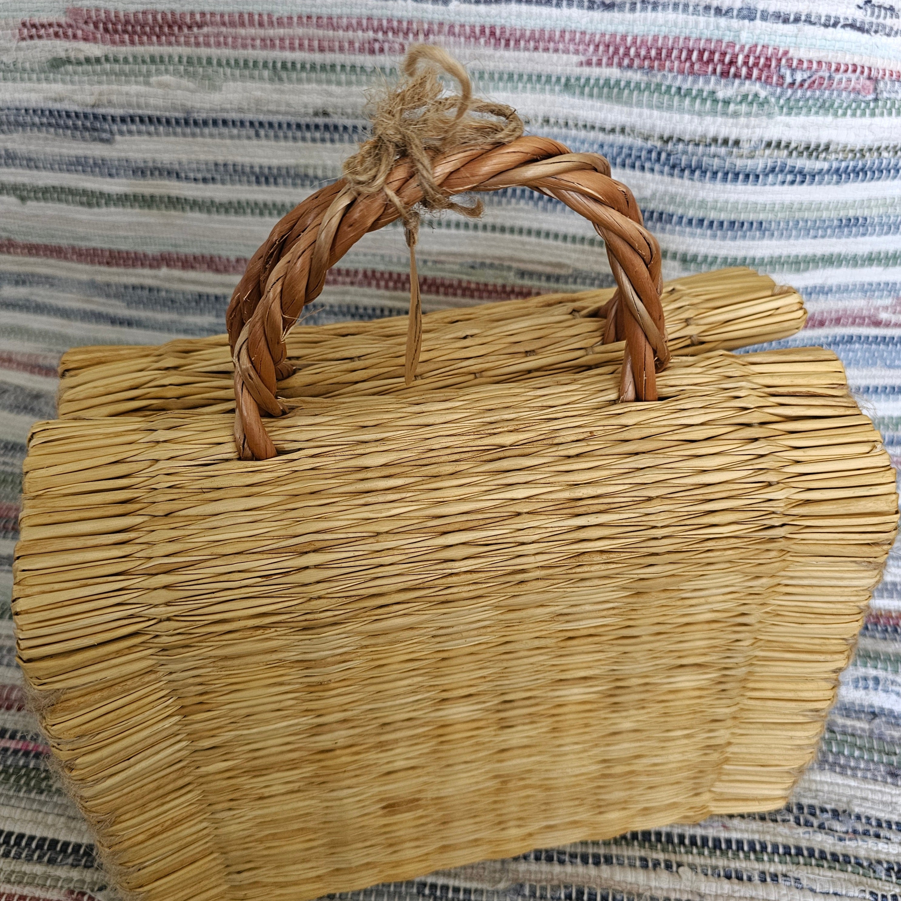Handwoven Straw Basket Bag With Braided Handle