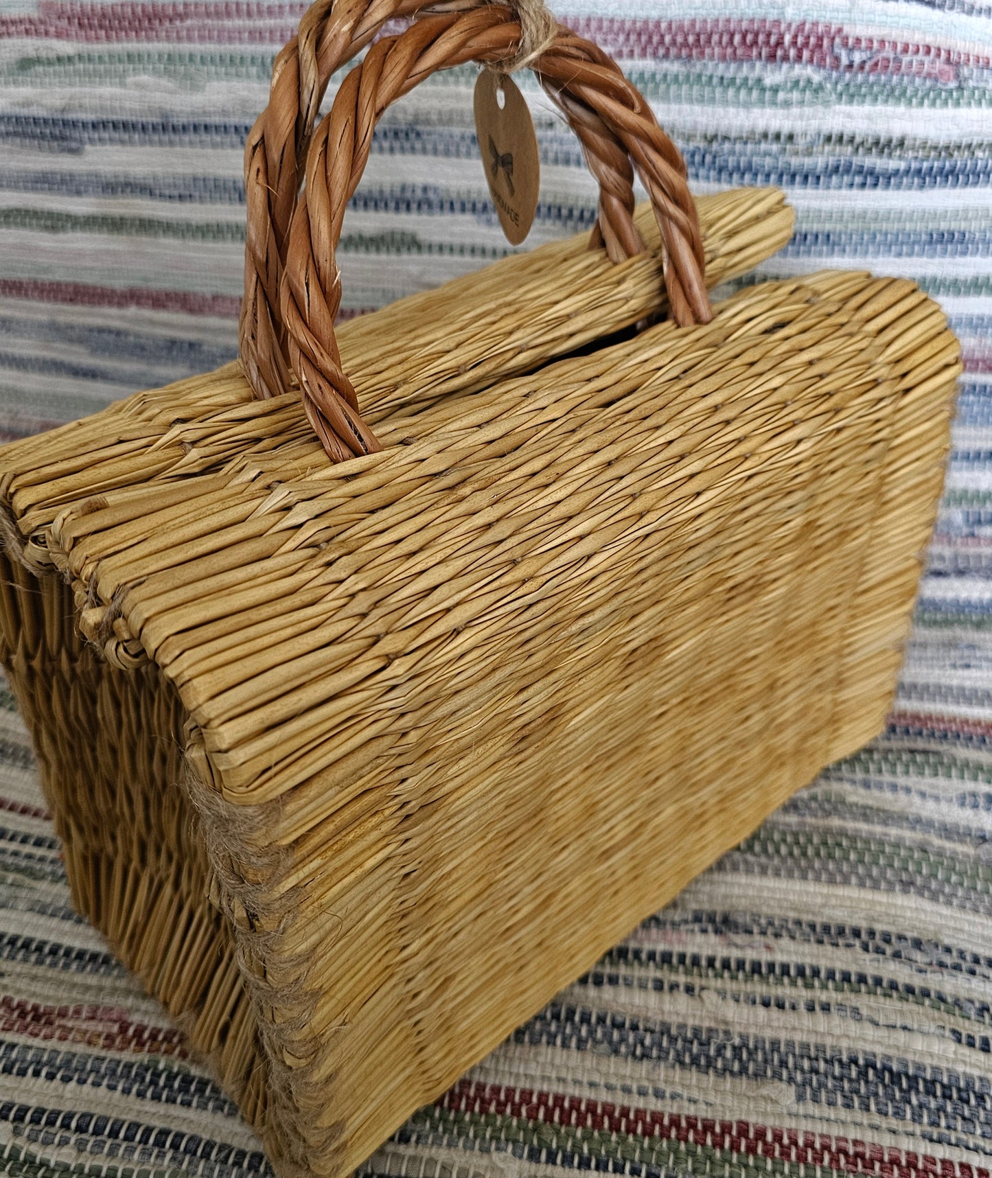 Handwoven Straw Basket Bag With Braided Handle