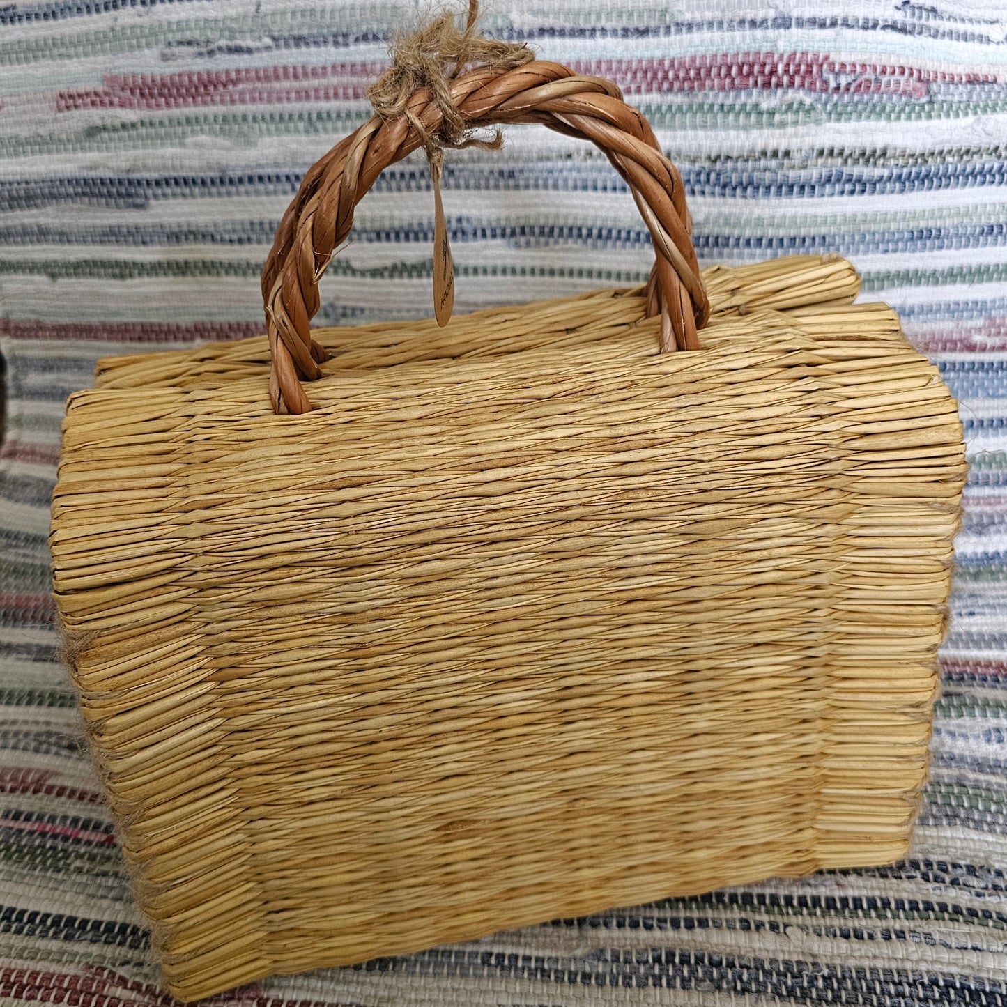 Handwoven Straw Basket Bag With Braided Handle