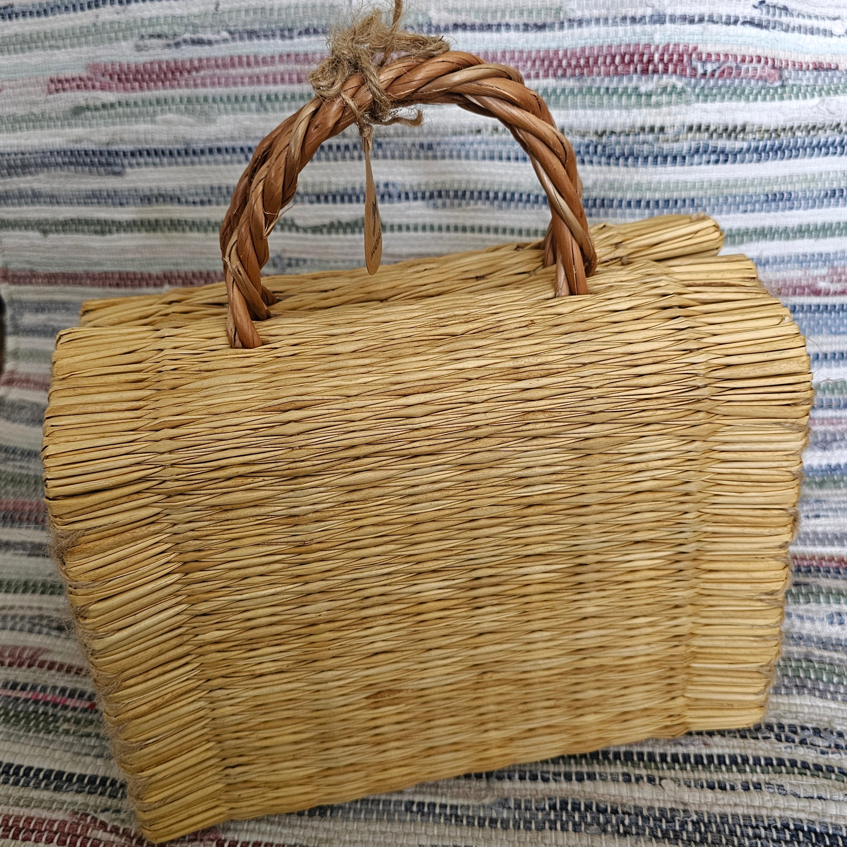Handwoven Straw Basket Bag With Braided Handle