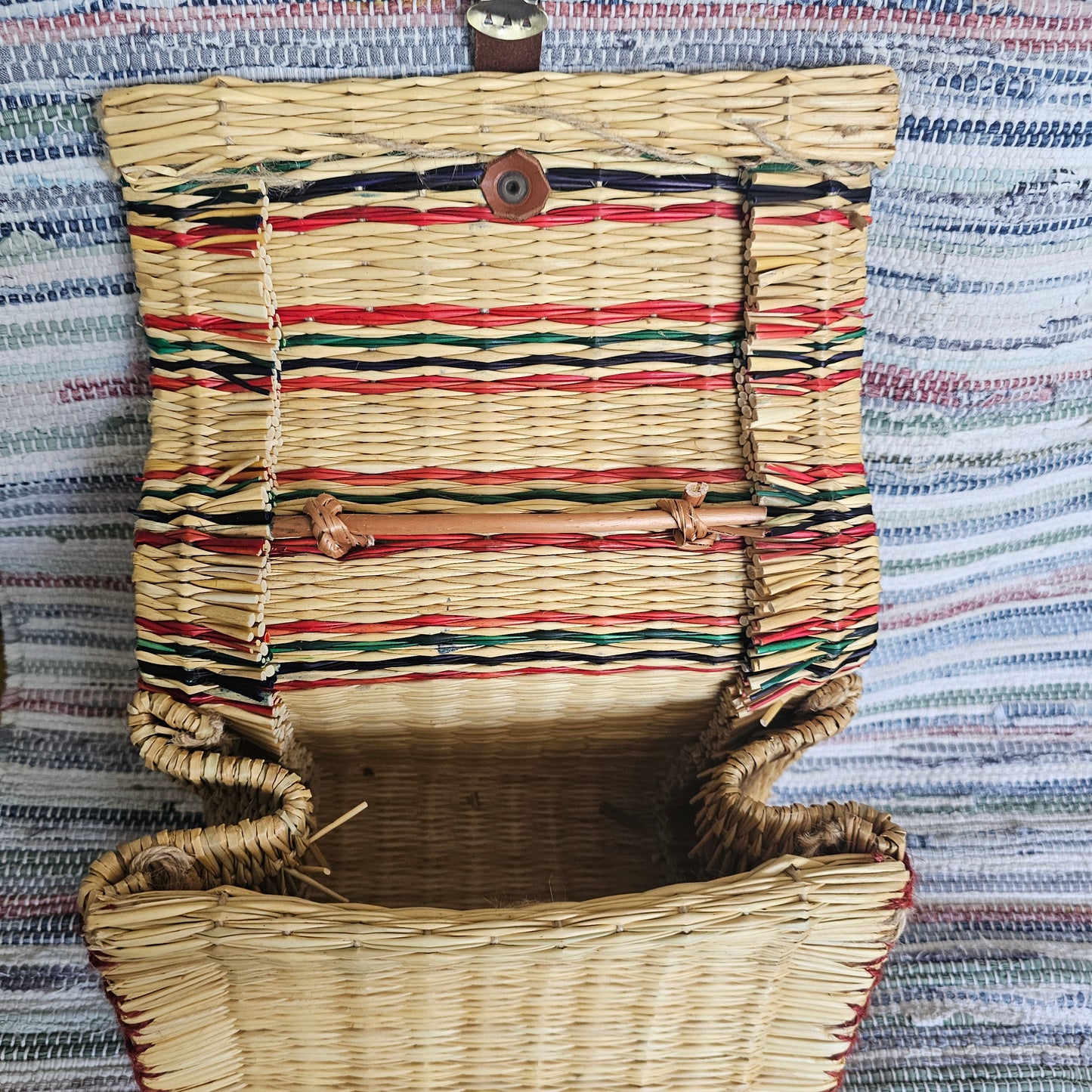 Handwoven Striped Straw Handbag with Heart Clasp