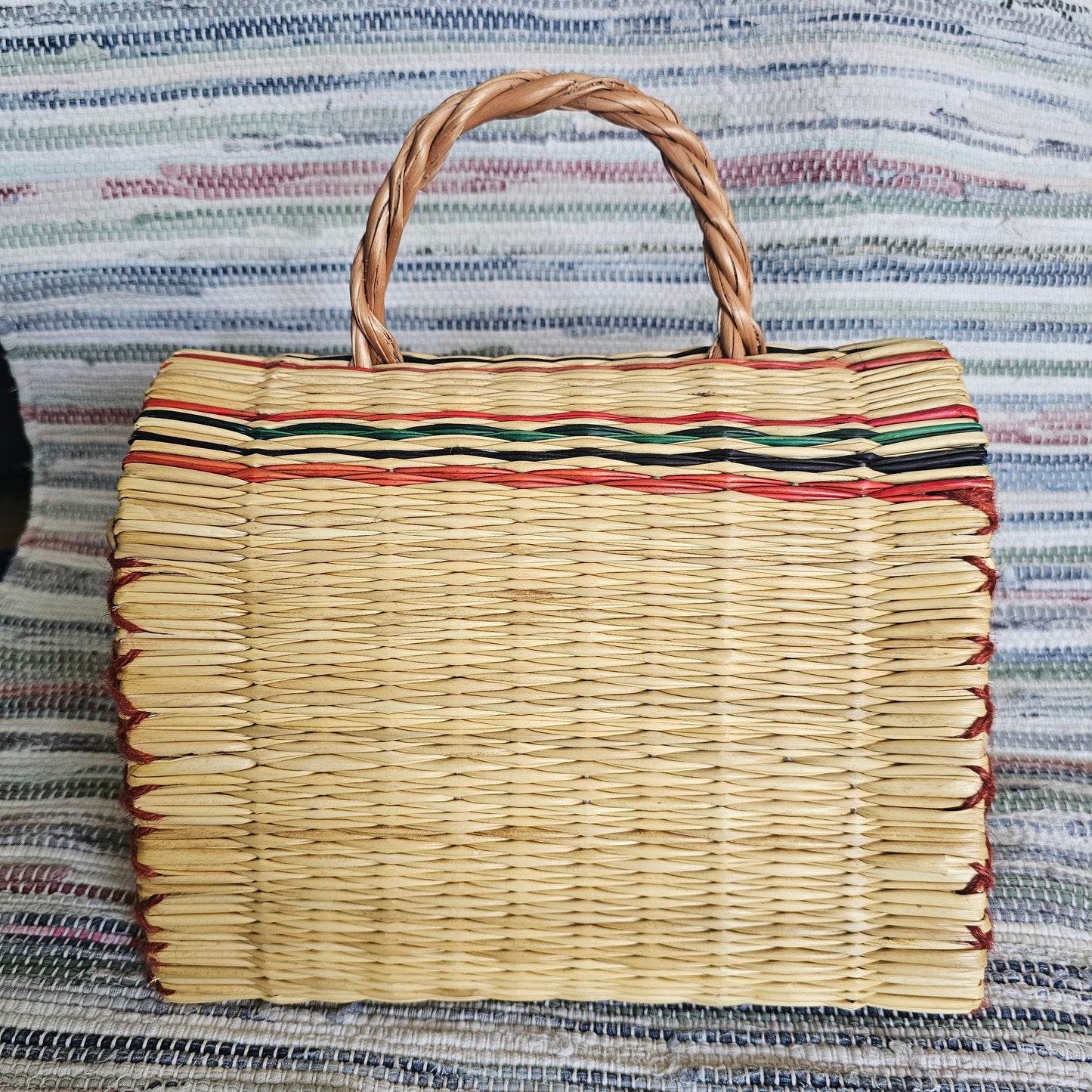 Handwoven Striped Straw Handbag with Heart Clasp